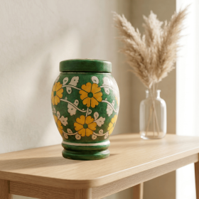 Floral pottery urns for ashes (Color: Green with White and Yellow Florals Pottery Urns, size: 2.0)