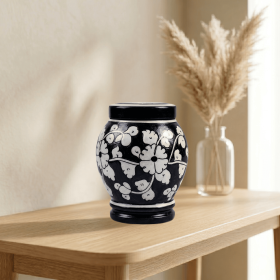 Floral pottery urns for ashes (Color: Black with White Florals Pottery Urns, size: 1.0)