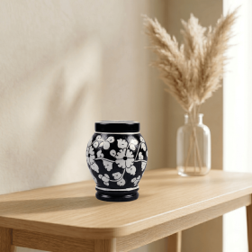 Floral pottery urns for ashes (Color: Black with White Florals Pottery Urns, size: MINI+)
