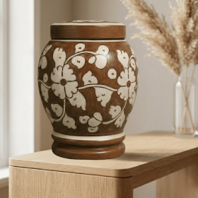 Floral pottery urns for ashes (Color: Brown with White Florals Pottery Urns, size: 4.0)