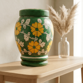 Floral pottery urns for ashes (Color: Green with White and Yellow Florals Pottery Urns, size: 4.0)