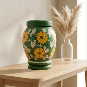 Floral pottery urns for ashes (Color: Green with White and Yellow Florals Pottery Urns, size: 3.0)
