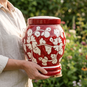 Floral pottery urns for ashes (Color: Red with White Florals Pottery Urns, size: 2.0)