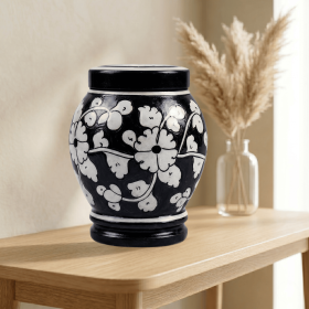 Floral pottery urns for ashes (Color: Black with White Florals Pottery Urns, size: 2.0)