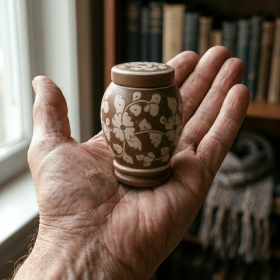 Floral pottery urns for ashes (Color: Brown with White Florals Pottery Urns, size: MINI)