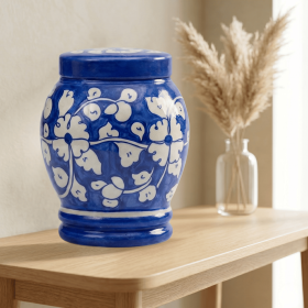 Floral pottery urns for ashes (Color: Blue with White Florals Pottery Urns, size: 4.0)