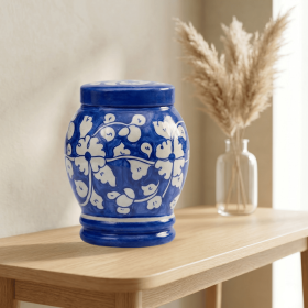 Floral pottery urns for ashes (Color: Blue with White Florals Pottery Urns, size: 3.0)