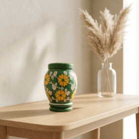 Floral pottery urns for ashes (Color: Green with White and Yellow Florals Pottery Urns, size: MINI+)